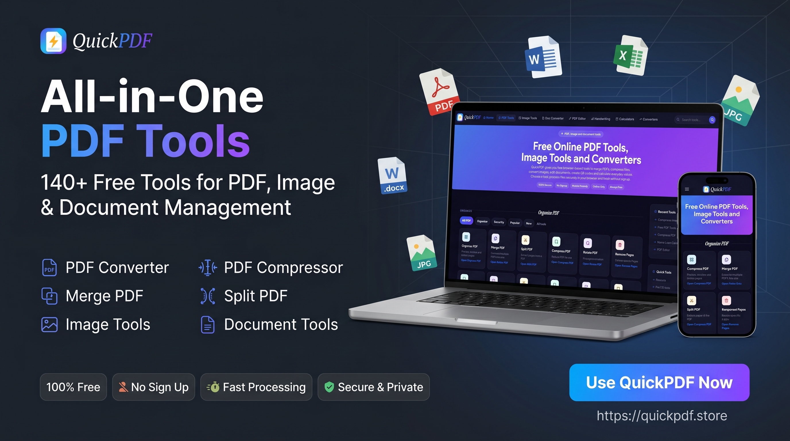QuickPDF PDF tools displayed on laptop and mobile devices